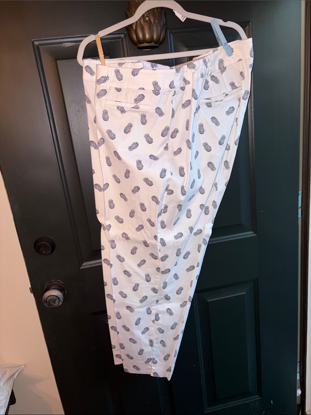 Talbots Cream Cropped Pants with Navy Pineapple Trim